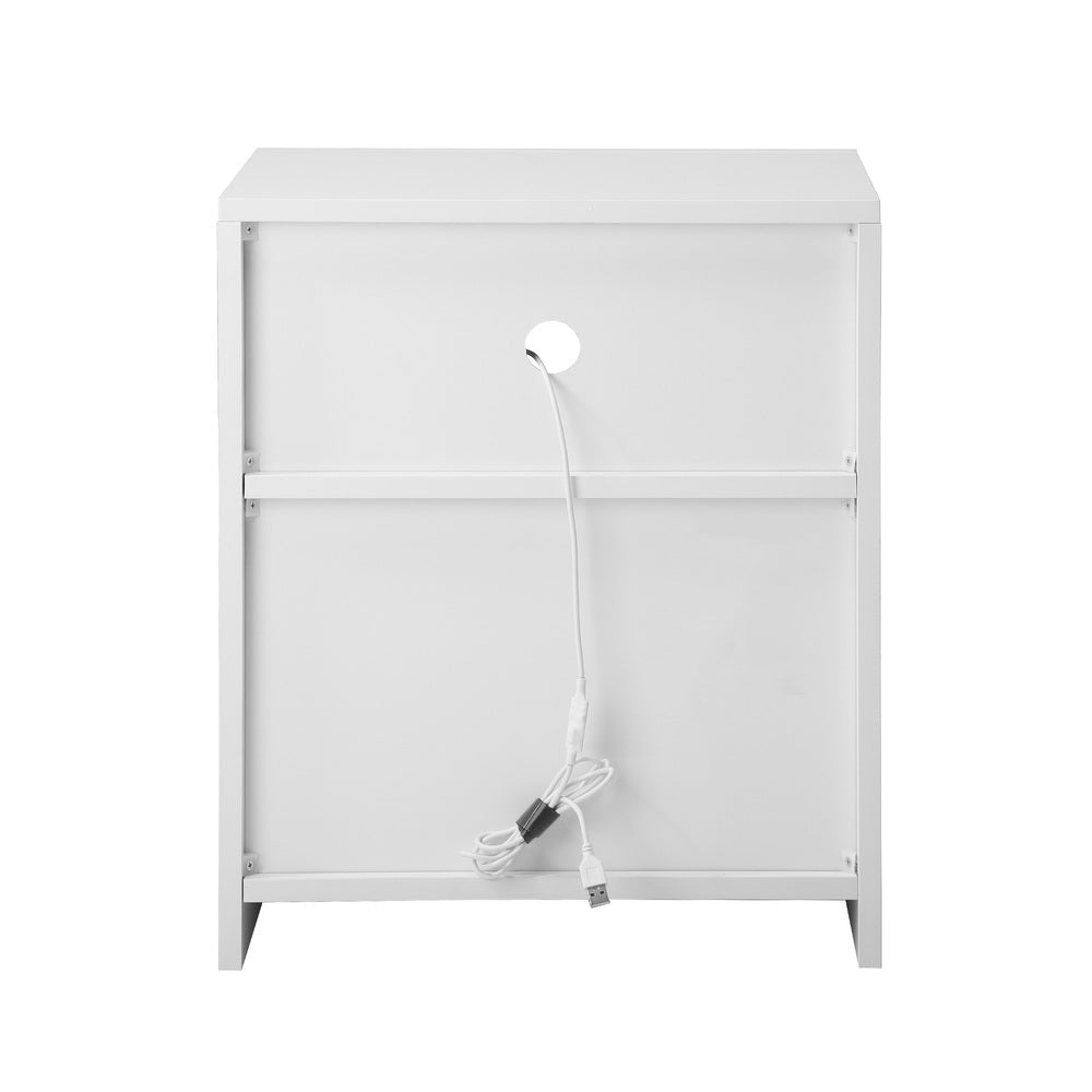 Bedside Table LED Shelf High-gloss Front White Oikiture