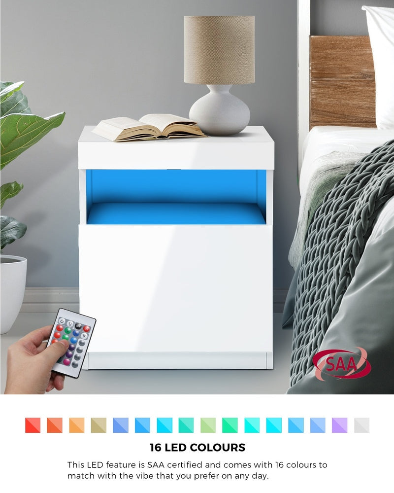 Bedside Table LED Shelf High-gloss Front White Oikiture