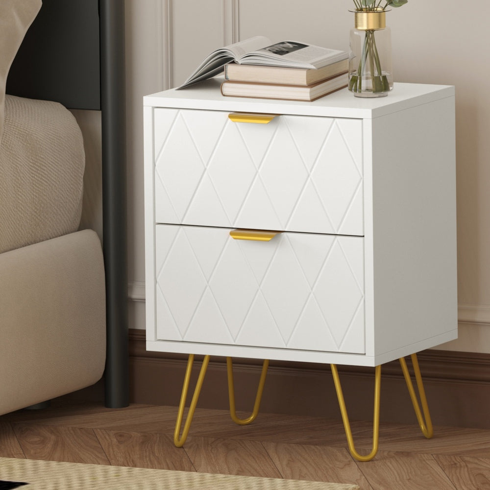 Oikiture Bedside Table 2 Drawers Gold Metal Nightstand White Oikiture