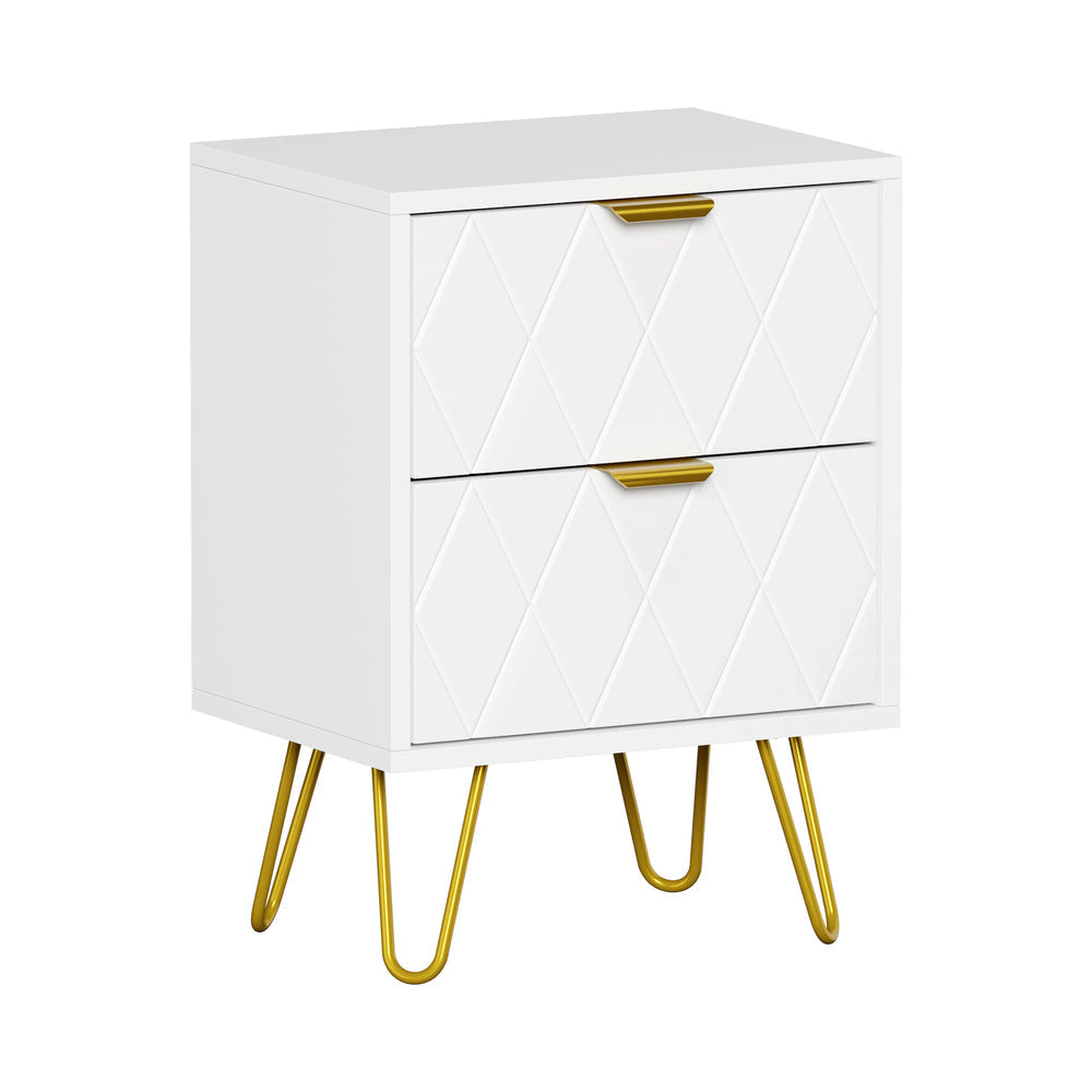 Oikiture Bedside Table 2 Drawers Gold Metal Nightstand White Oikiture