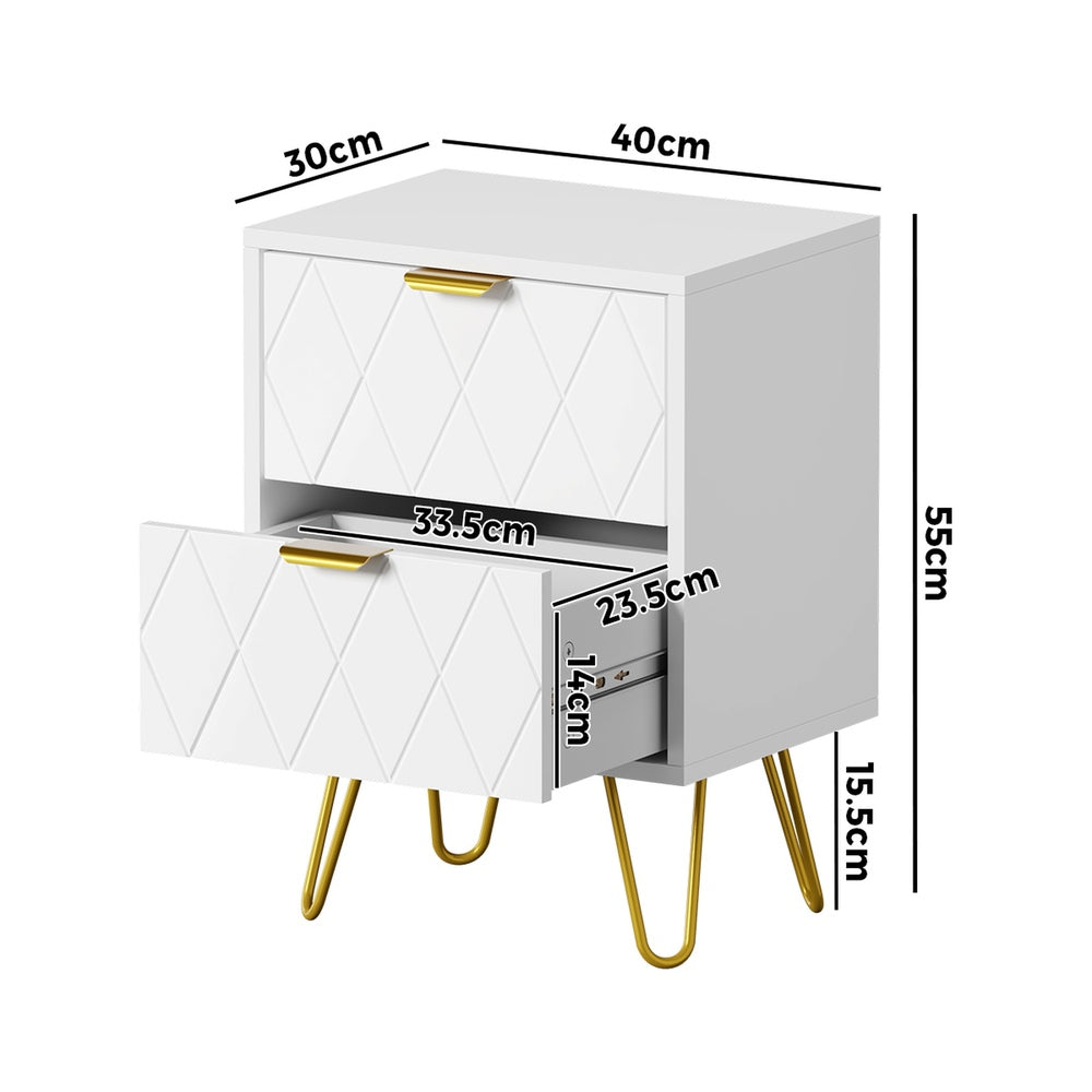 Oikiture Bedside Table 2 Drawers Gold Metal Nightstand White Oikiture
