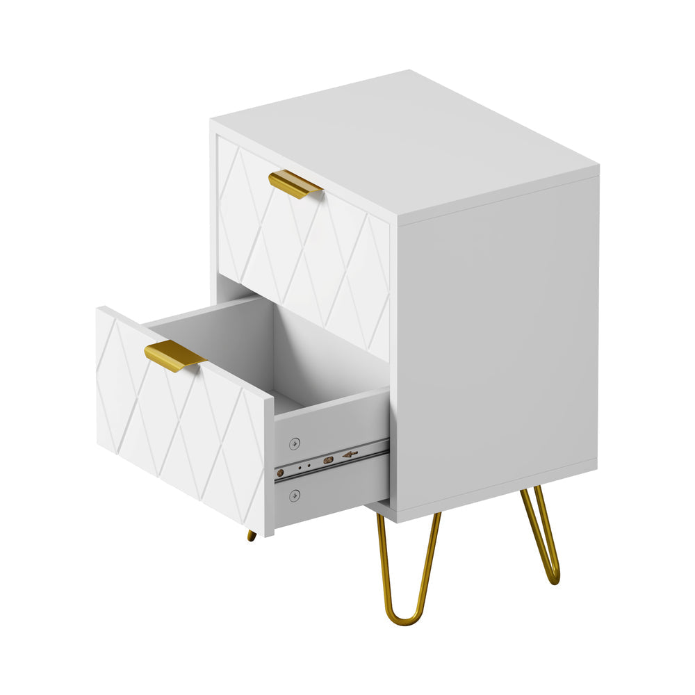 Oikiture Bedside Table 2 Drawers Gold Metal Nightstand White Oikiture