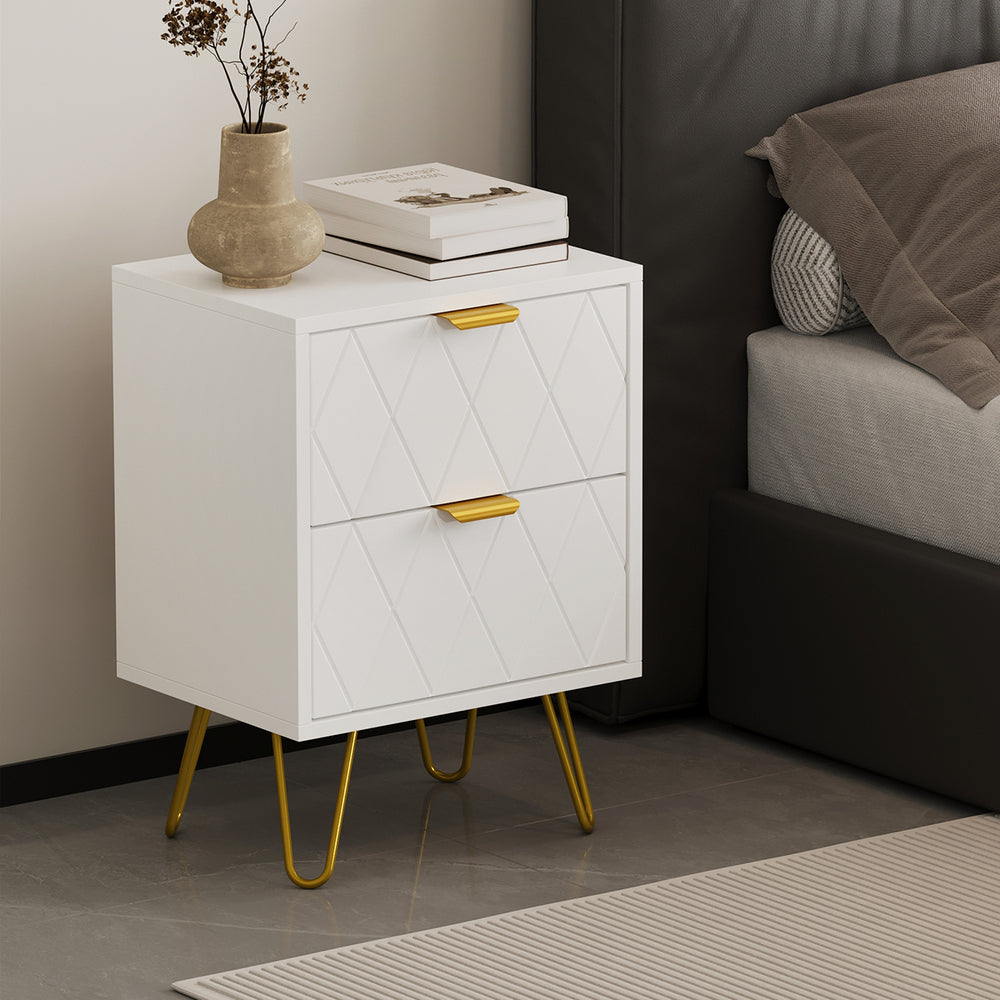 Oikiture Bedside Table 2 Drawers Gold Metal Nightstand White Oikiture