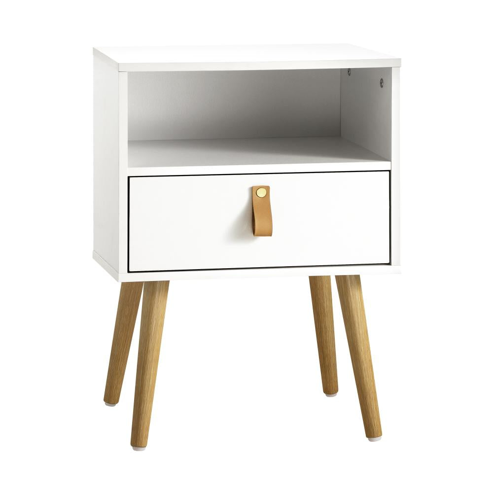 Bedside Tables Side Table Drawer Cabinet w/ Leather Handle White Oikiture