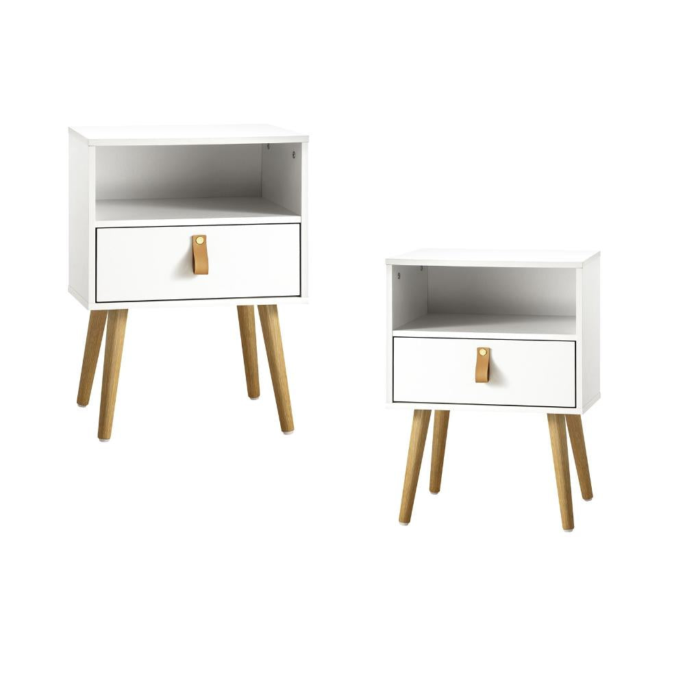 2X Bedside Tables with Leather Handle White Oikiture