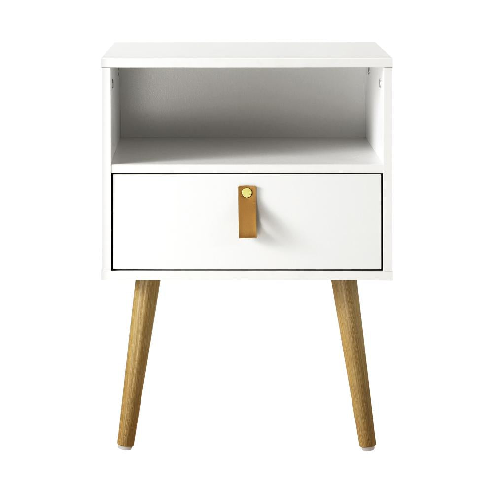 2X Bedside Tables with Leather Handle White Oikiture