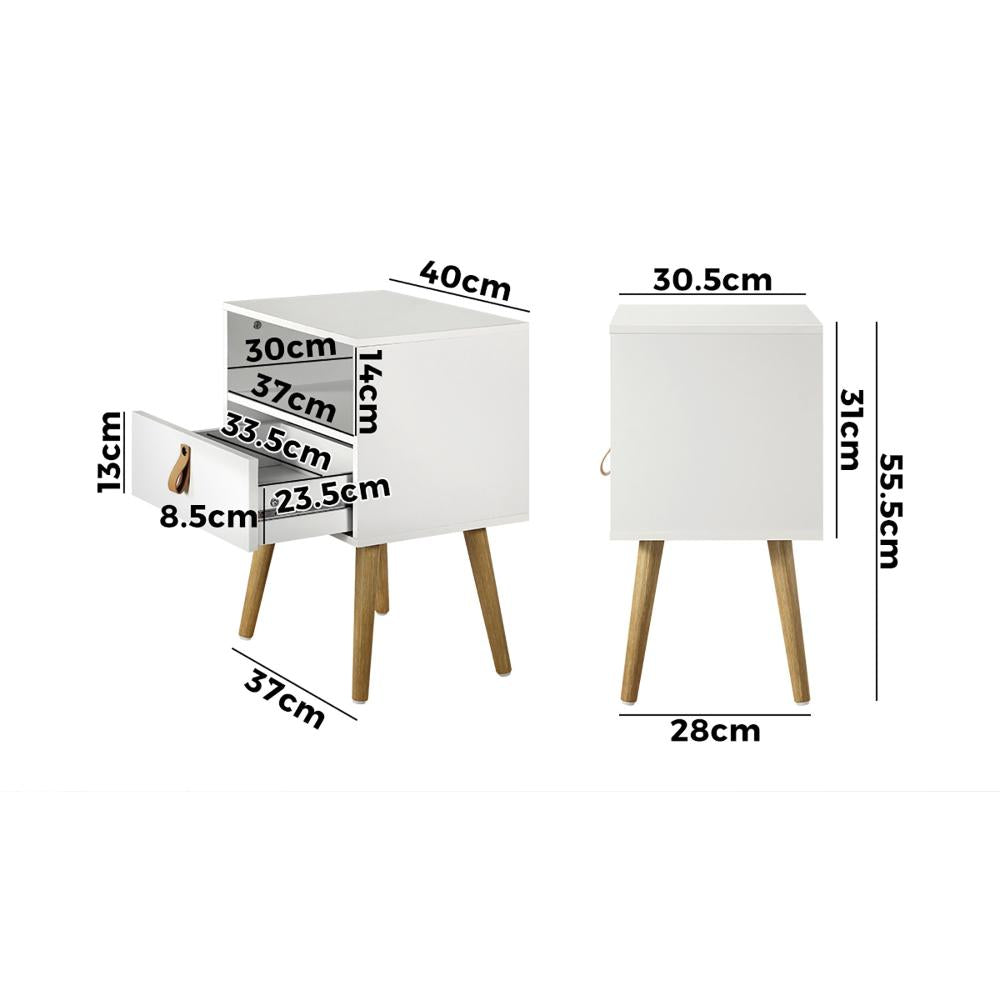 2X Bedside Tables with Leather Handle White Oikiture