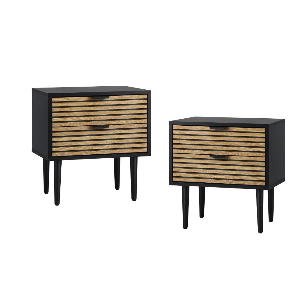 2PCS Bedside Table 2 Drawers Black&Wooden Oikiture