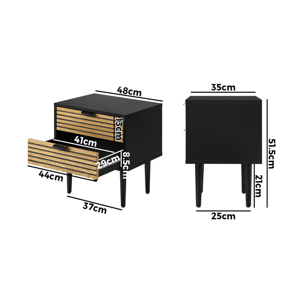 2PCS Bedside Table 2 Drawers Black&Wooden Oikiture
