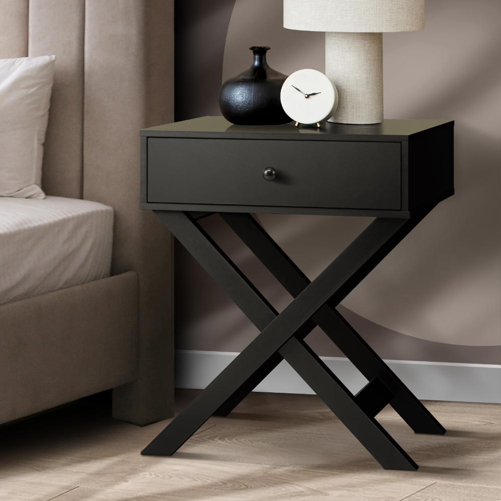Bedside Table with Wooden Frame and Cross Base Side Table Nightstand Black Oikiture