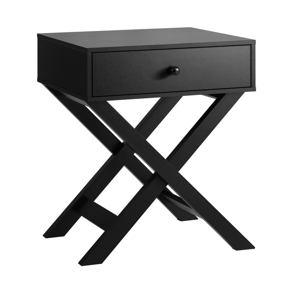 Bedside Table with Wooden Frame and Cross Base Side Table Nightstand Black Oikiture
