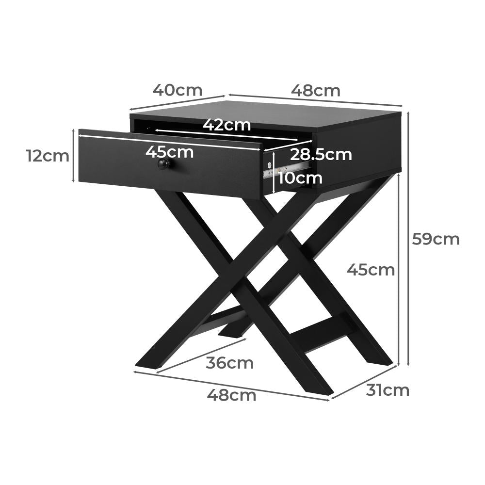 Bedside Table with Wooden Frame and Cross Base Side Table Nightstand Black Oikiture