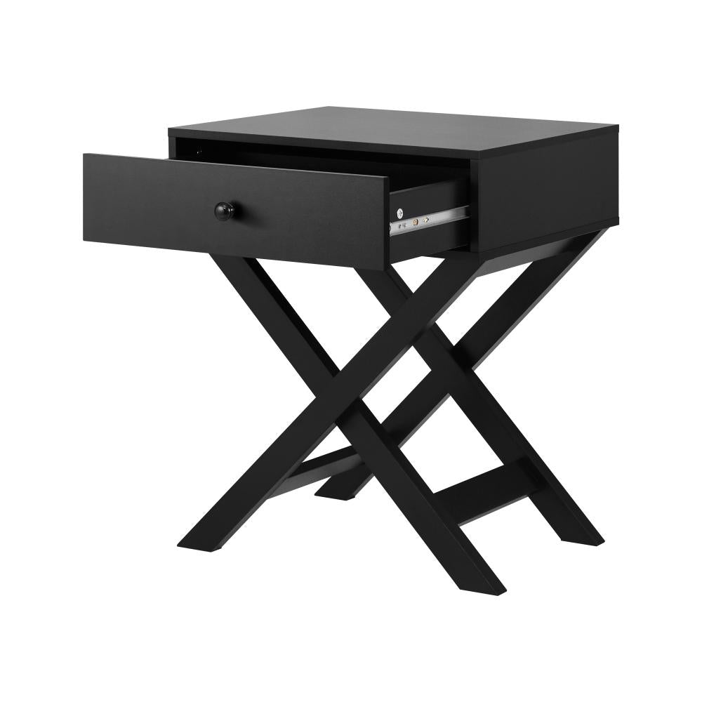 Bedside Table with Wooden Frame and Cross Base Side Table Nightstand Black Oikiture