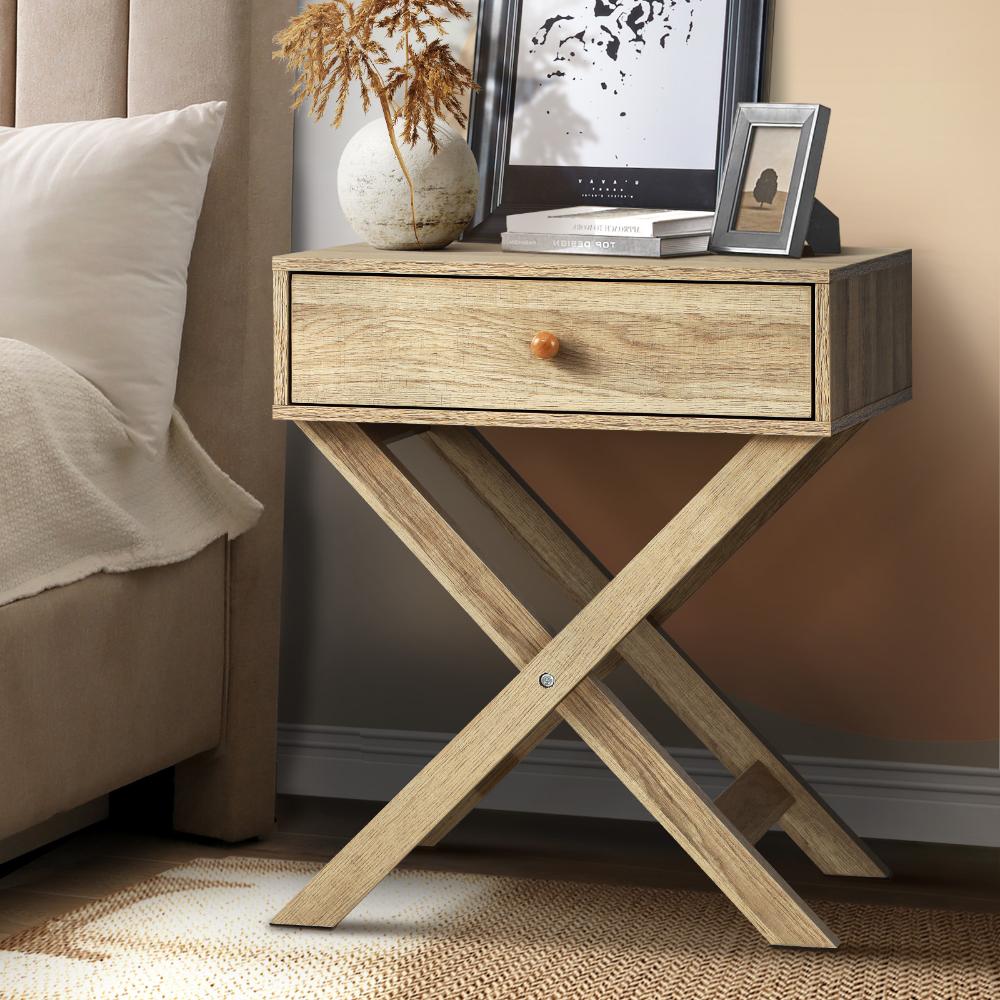 Bedside Table with Wooden Frame and Cross Base Side Table Nightstand Wooden Oikiture
