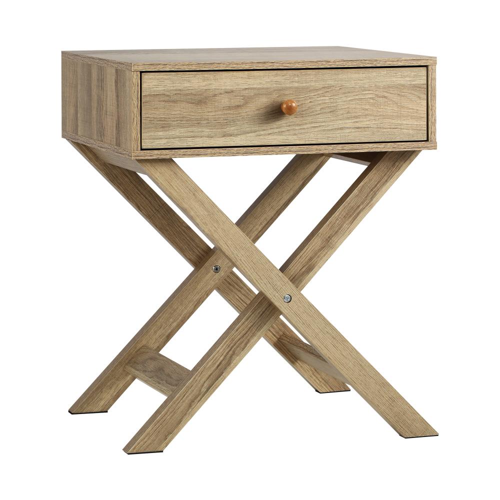 Bedside Table with Wooden Frame and Cross Base Side Table Nightstand Wooden Oikiture