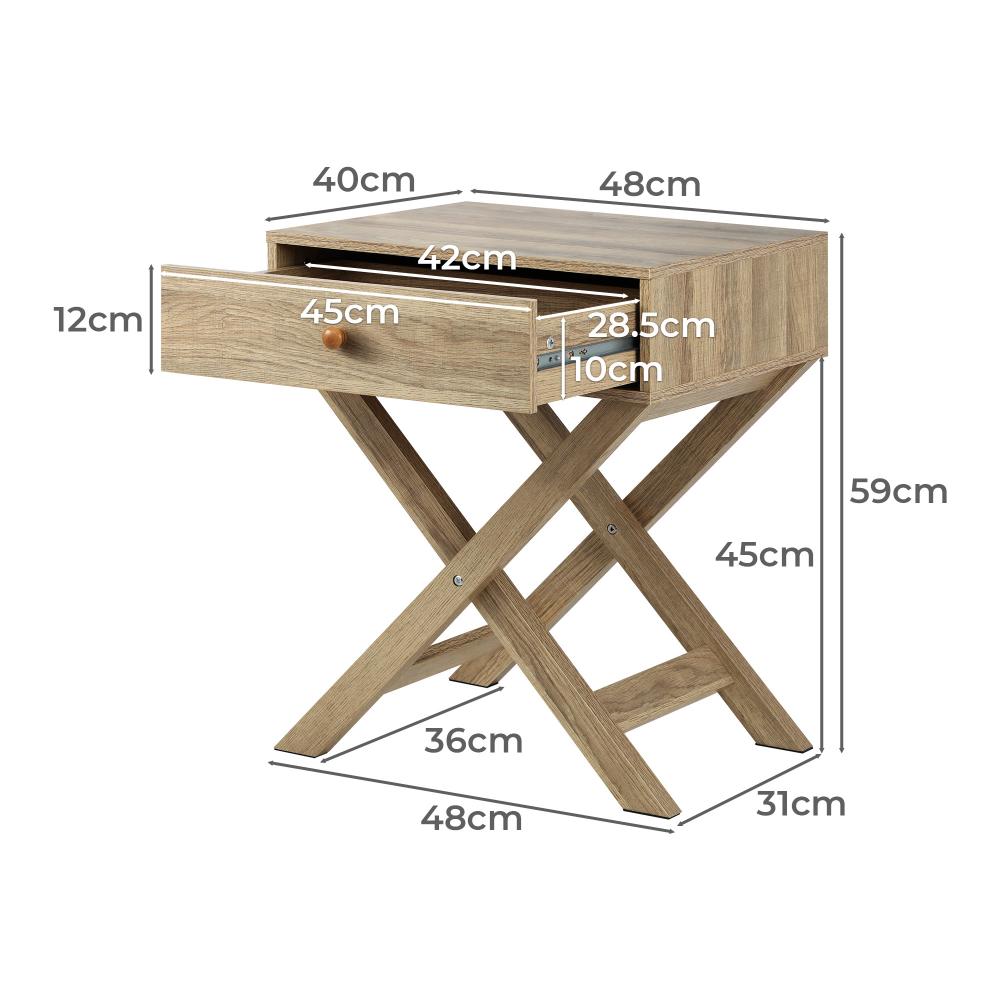 Bedside Table with Wooden Frame and Cross Base Side Table Nightstand Wooden Oikiture
