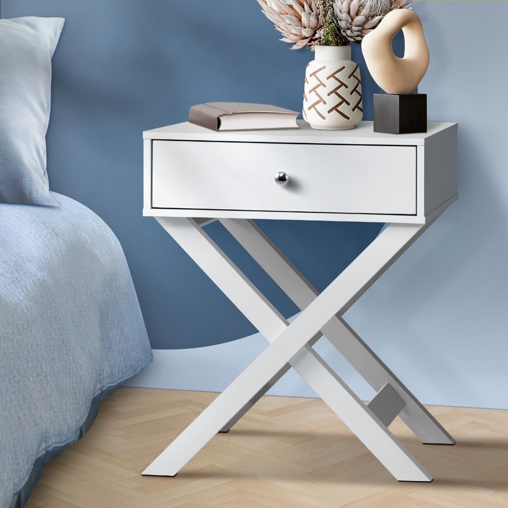 Bedside Table with Wooden Frame and Cross Base Side Table Nightstand White Oikiture
