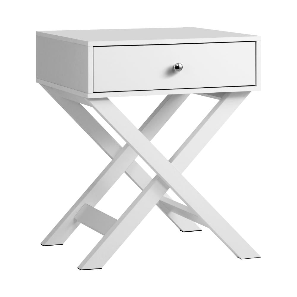 Bedside Table with Wooden Frame and Cross Base Side Table Nightstand White Oikiture