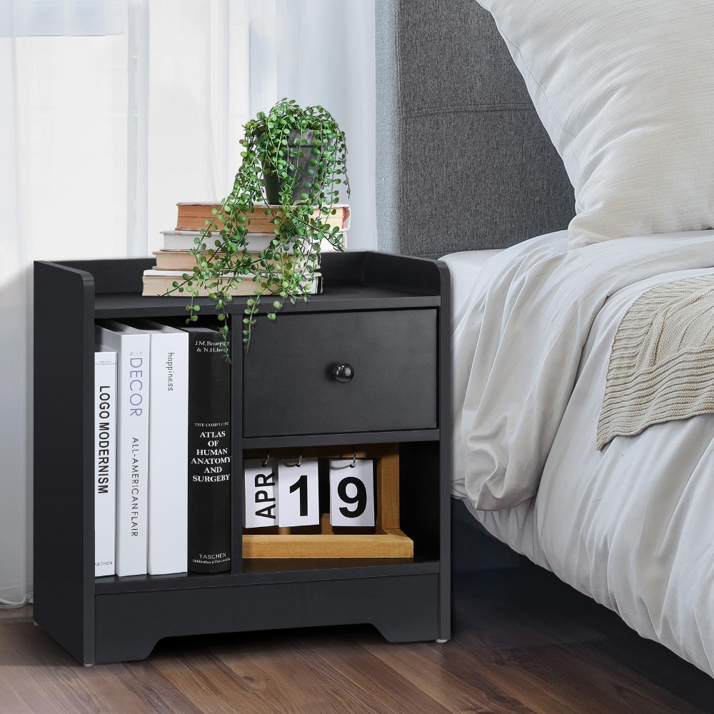 Bedside Table with Drawer and Storage Space Side Table Nightstand Home Bedroom Furniture Black Oikiture