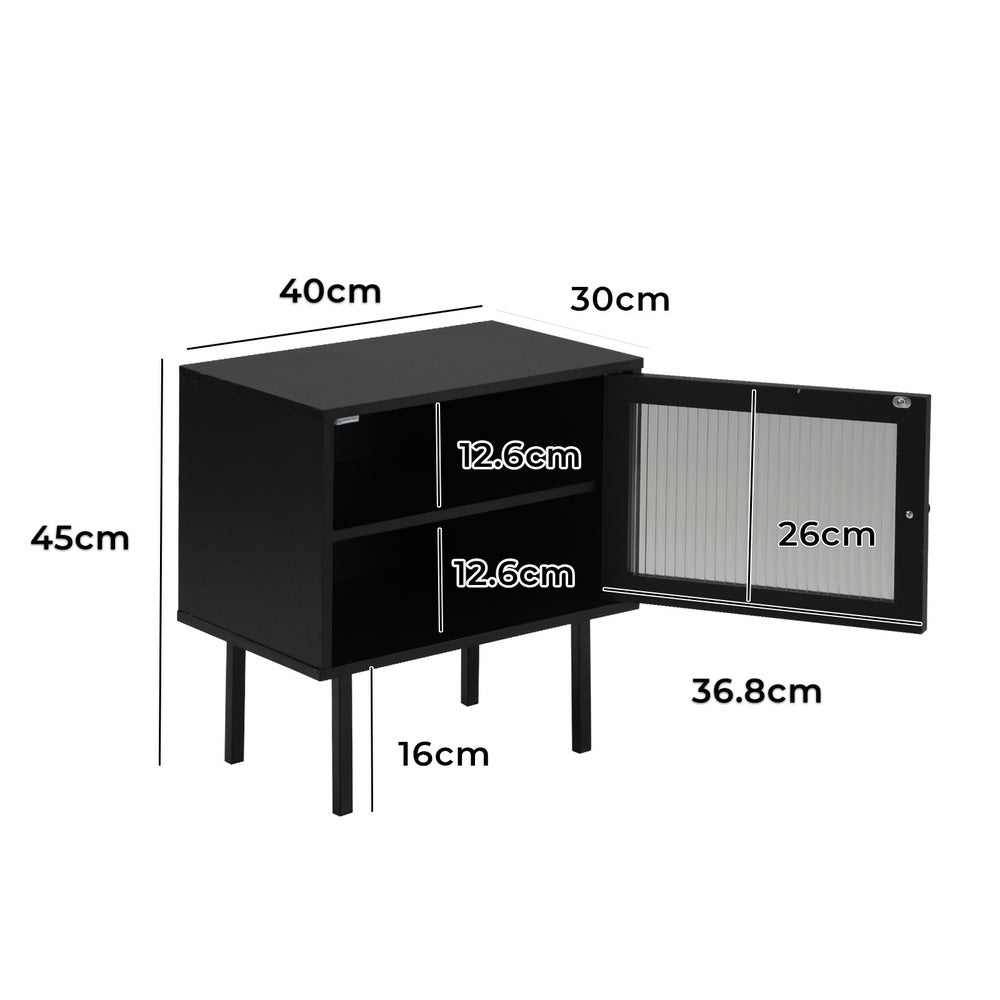 2X Bedside Tables Storage Cabinet Glass Door Black Oikiture