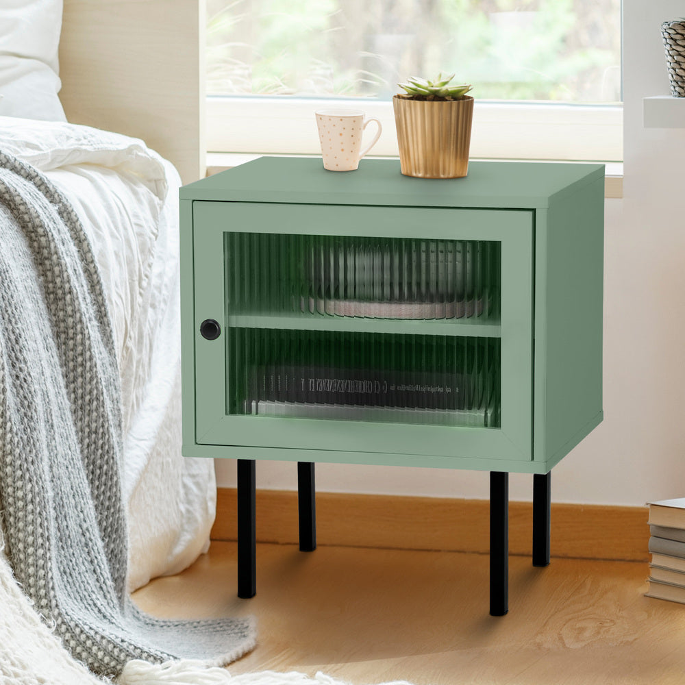 2X Bedside Tables Storage Cabinet Glass Door Green Oikiture