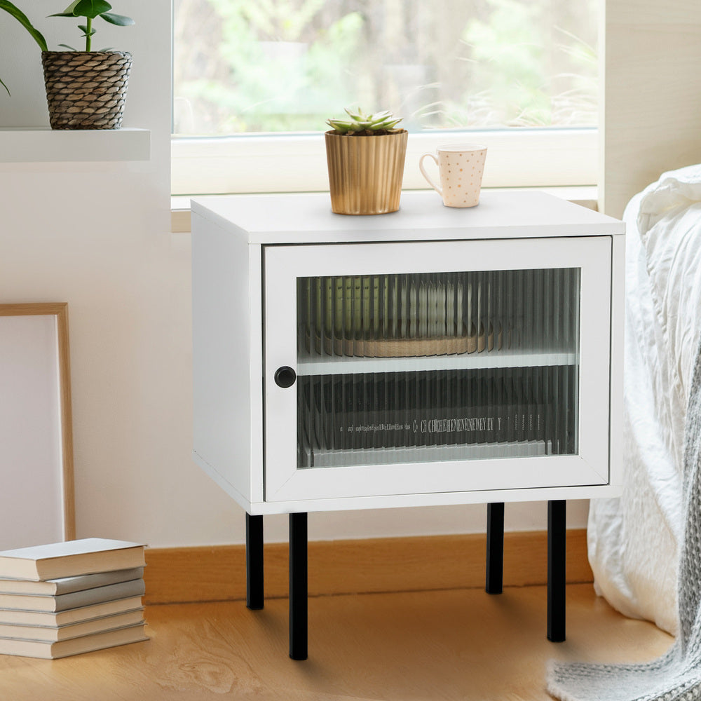 2X Bedside Tables Storage Cabinet Glass Door White Oikiture