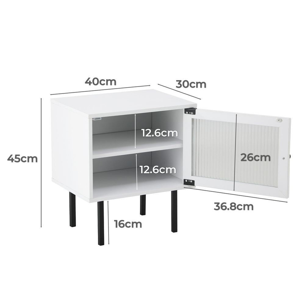 2X Bedside Tables Storage Cabinet Glass Door White Oikiture