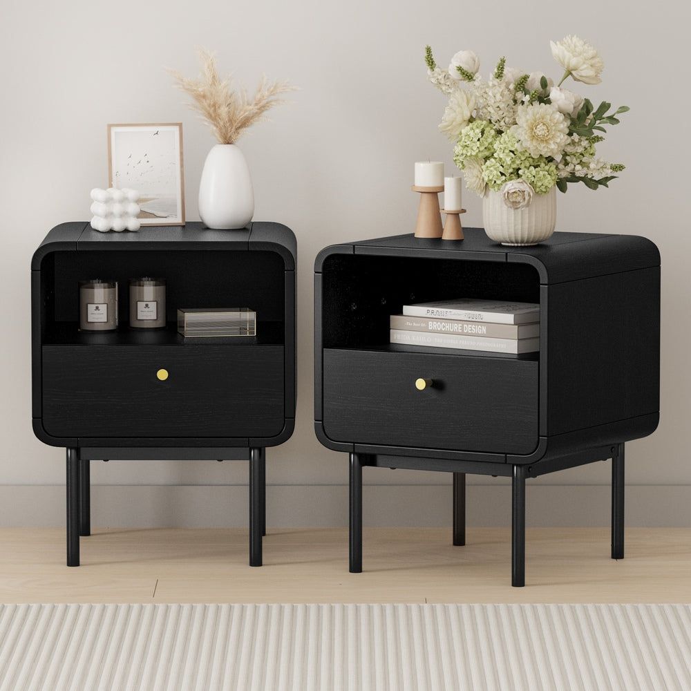 Oikiture 2X Bedside Table 1 Drawers 1 Shelf Nightstand Storage Black