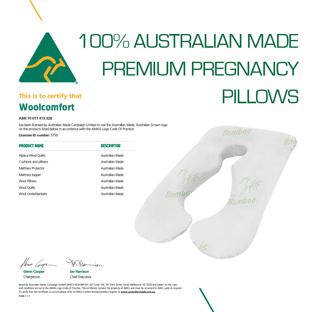 Woolcomfort Australian Made Pregnancy Maternity Pillow (Bamboo Pillowcase Included)