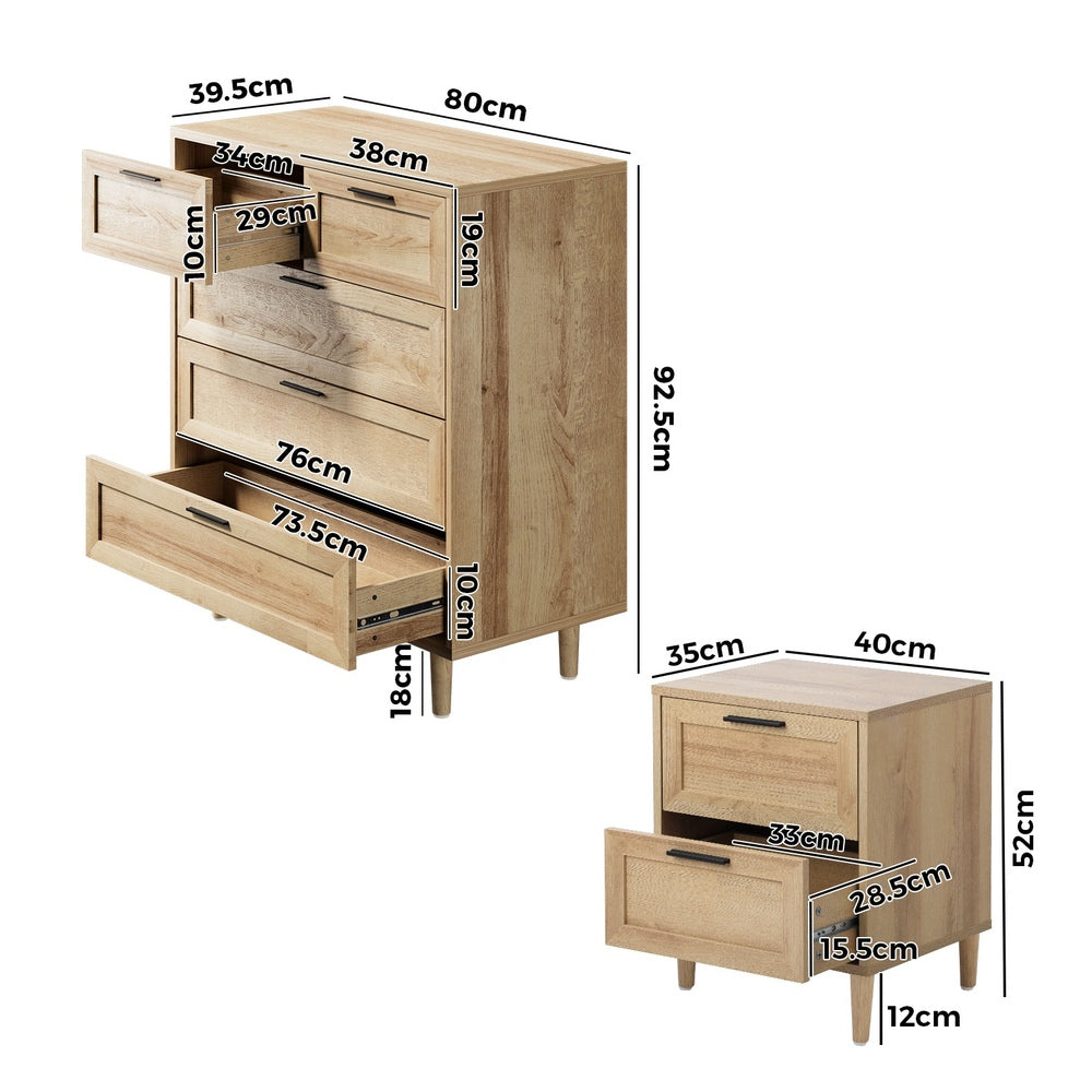 5 Chest of Drawers and 2 Bedside Tables Bedroom Set Natural