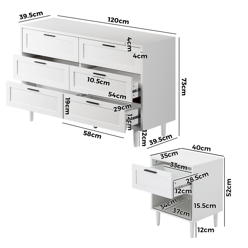 Bedroom Set 6 Chest of Drawers and 2 Bedside Tables White