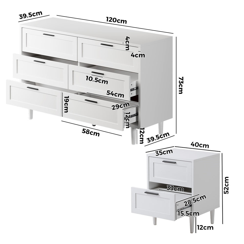 6 Chest of Drawers and 2 Bedside Tables Bedroom Set White