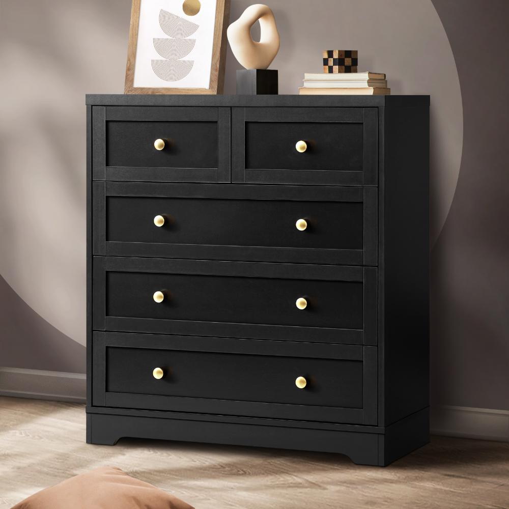 LISA Chest of Drawers with 5 Drawers Dresser Tallboy Storage Cabinet Black Oikiture