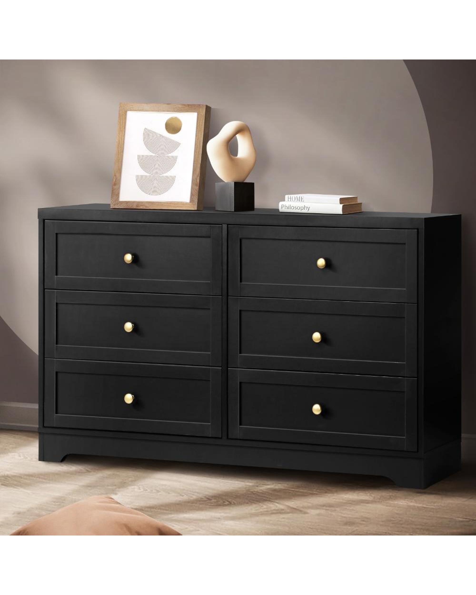 DAIN Chest of Drawers with 6 Drawers Dresser Tallboy Storage Cabinet Black Oikiture