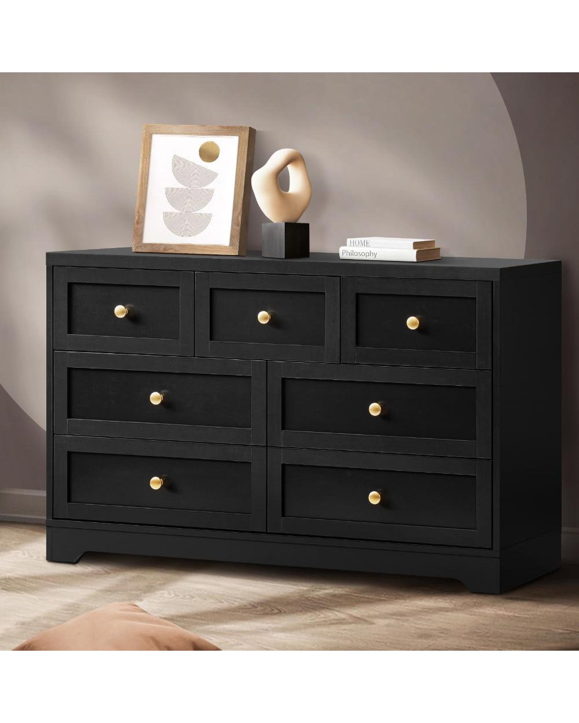 DAIN Chest of Drawers with 7 Drawers Dresser Tallboy Storage Cabinet Black Oikiture