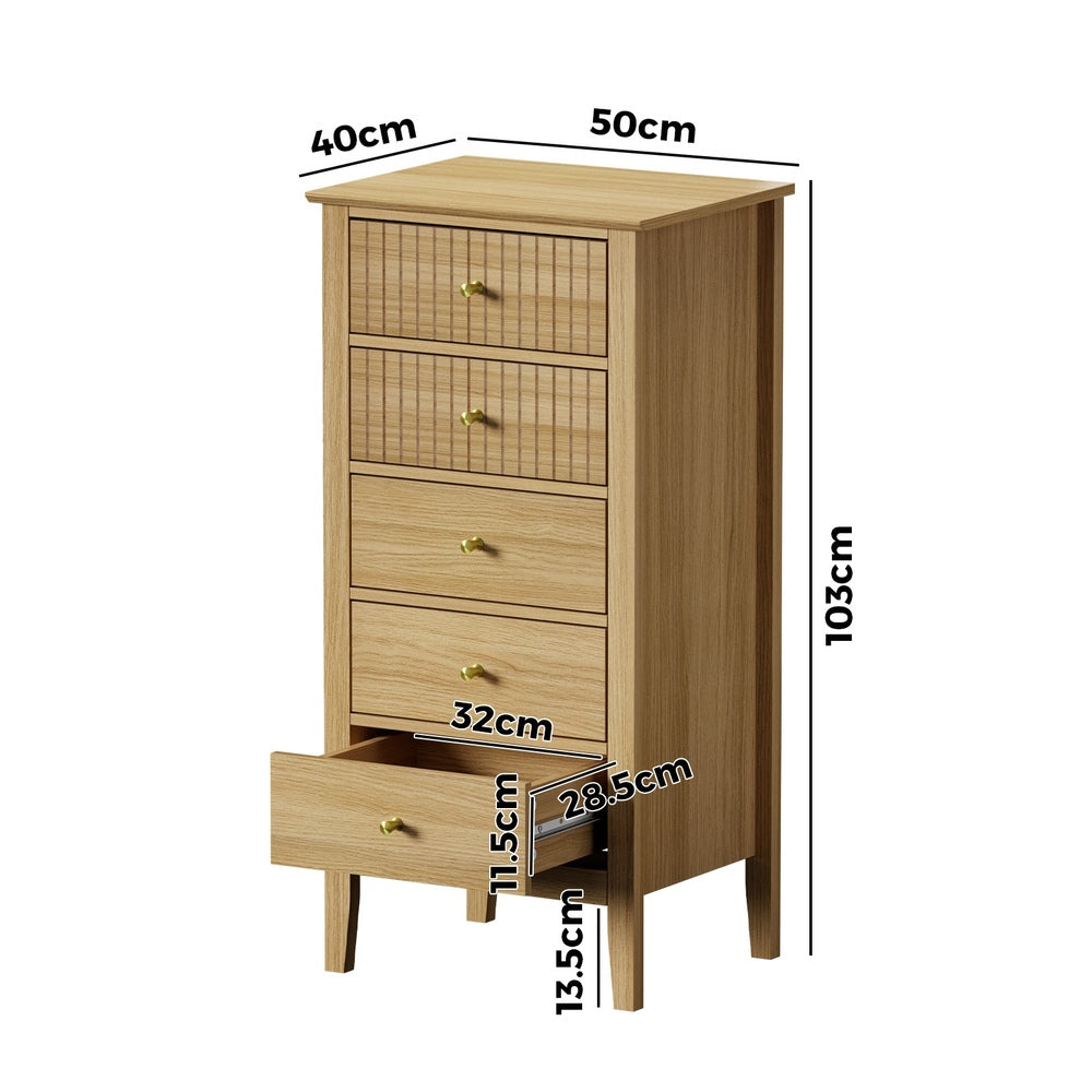 SONYA 5 Chest of Drawers Dresser Tallboy Storage Cabinet Natural Oikiture