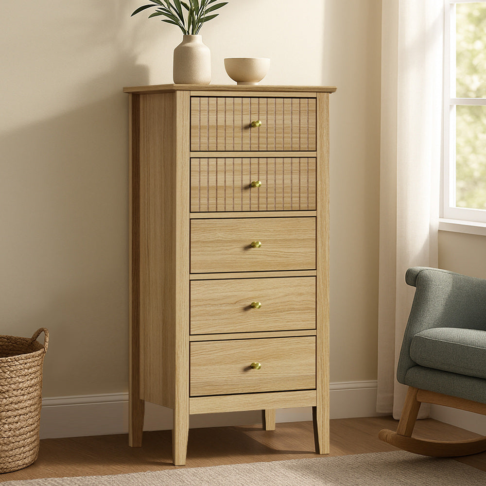 SONYA 5 Chest of Drawers Dresser Tallboy Storage Cabinet Natural Oikiture