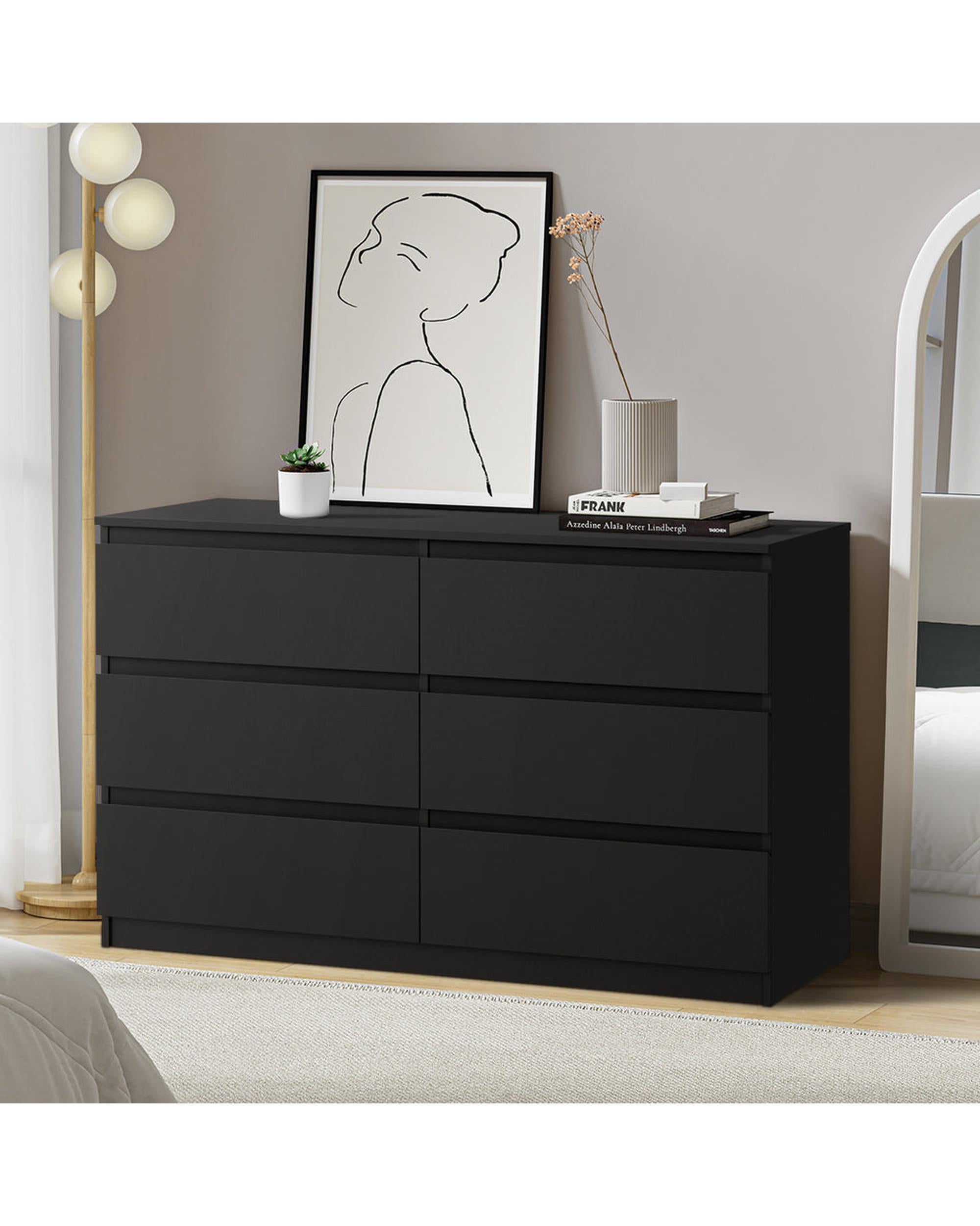 CORE 6 Chest of Drawers Lowboy Dresser Table Bedroom Black Oikiture