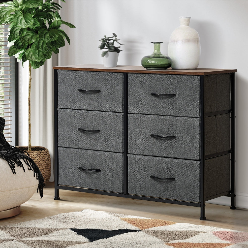 KAN 6 Chest of Drawers Fabric Grey Wooden Tabletop Oikiture
