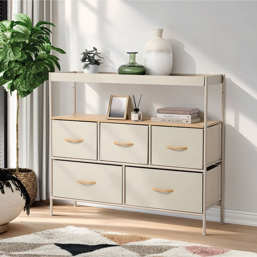 Oikiture 5 Drawer Chest Of Drawers Open Shelf Organizer Beige