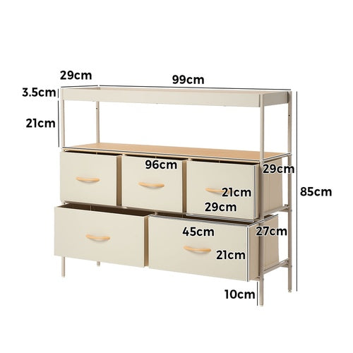 Oikiture 5 Drawer Chest Of Drawers Open Shelf Organizer Beige