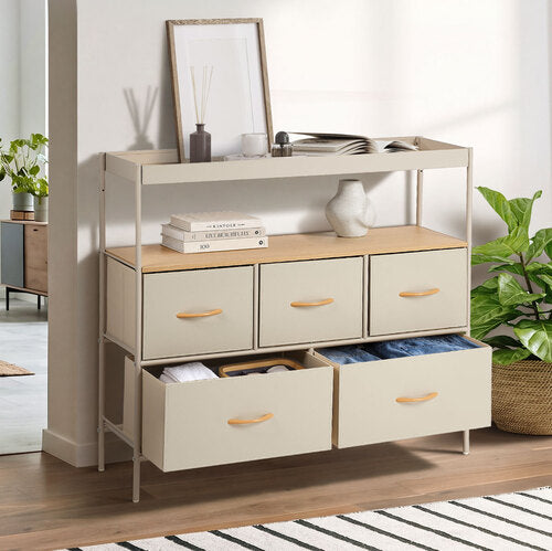 Oikiture 5 Drawer Chest Of Drawers Open Shelf Organizer Beige
