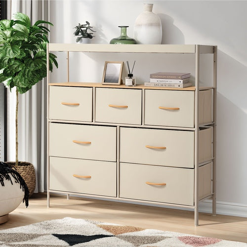 Oikiture 7 Drawer Chest Of Drawers Open Shelf Organizer Beige