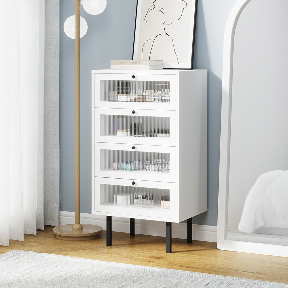 4 Chest of Drawers Tempered Glass Doors White Oikiture