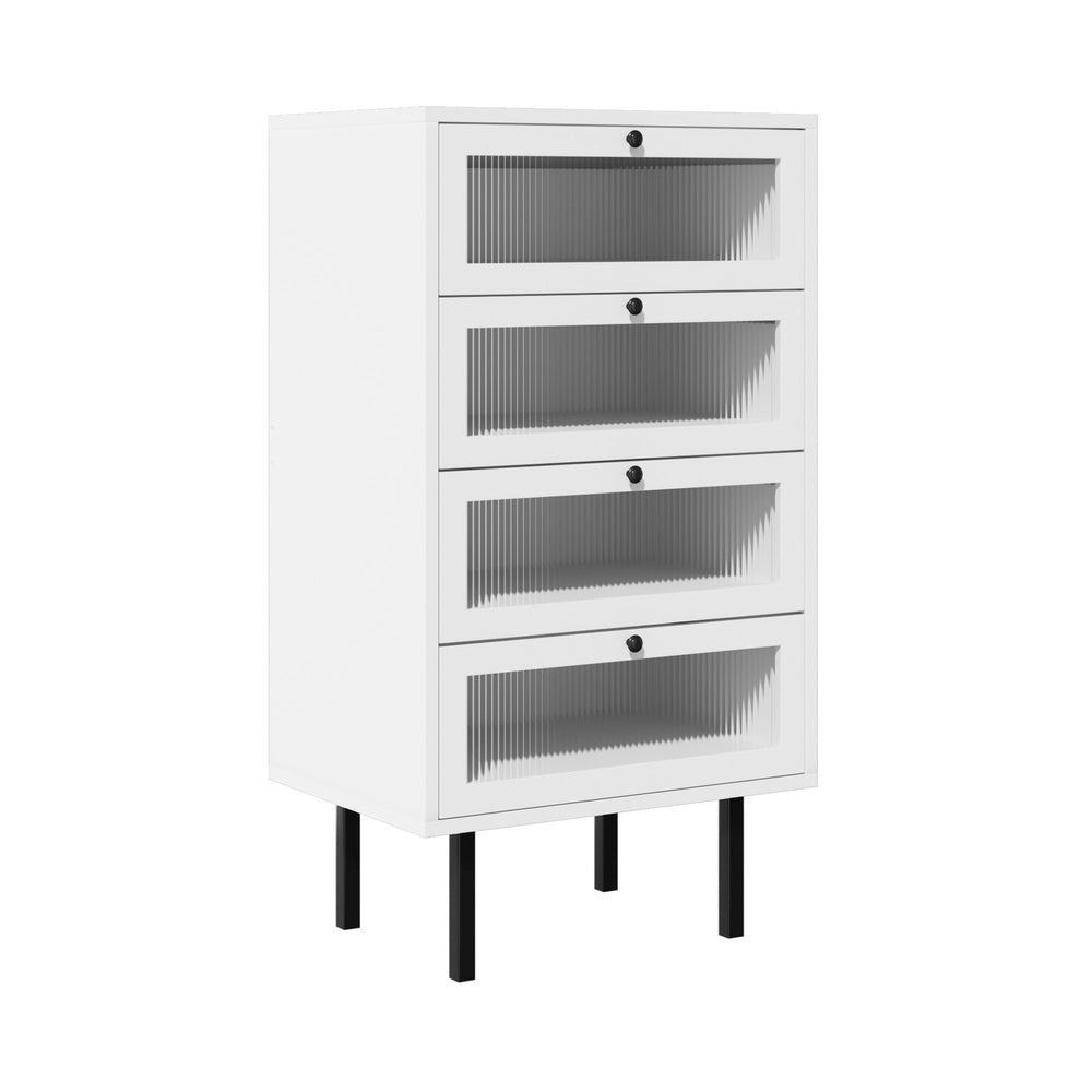 4 Chest of Drawers Tempered Glass Doors White Oikiture