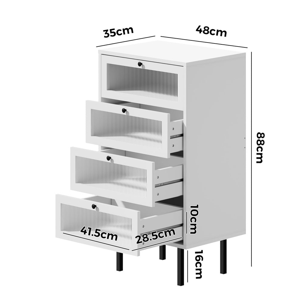 4 Chest of Drawers Tempered Glass Doors White Oikiture
