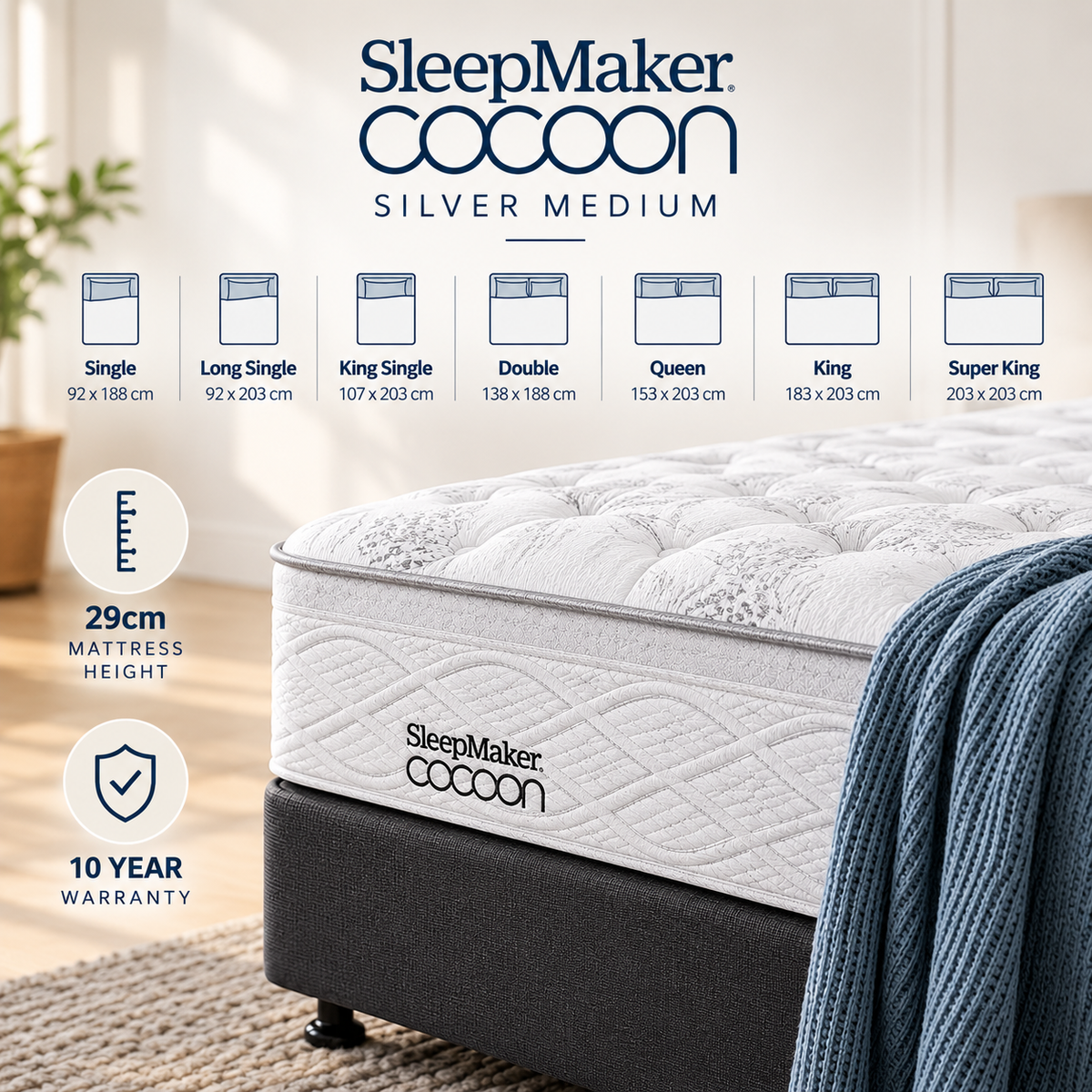 Sleepmaker Cocoon Silver 29 cm 5 Zone Mattress - Medium