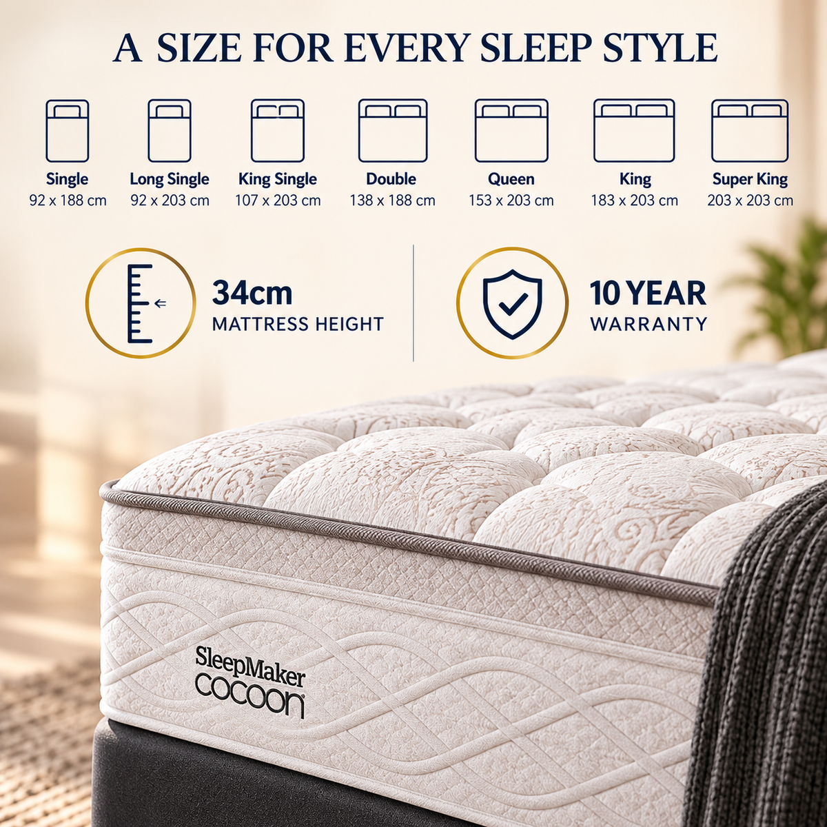 Sleepmaker Cocoon Gold 34 cm Mini Pocket Mattress - Firm