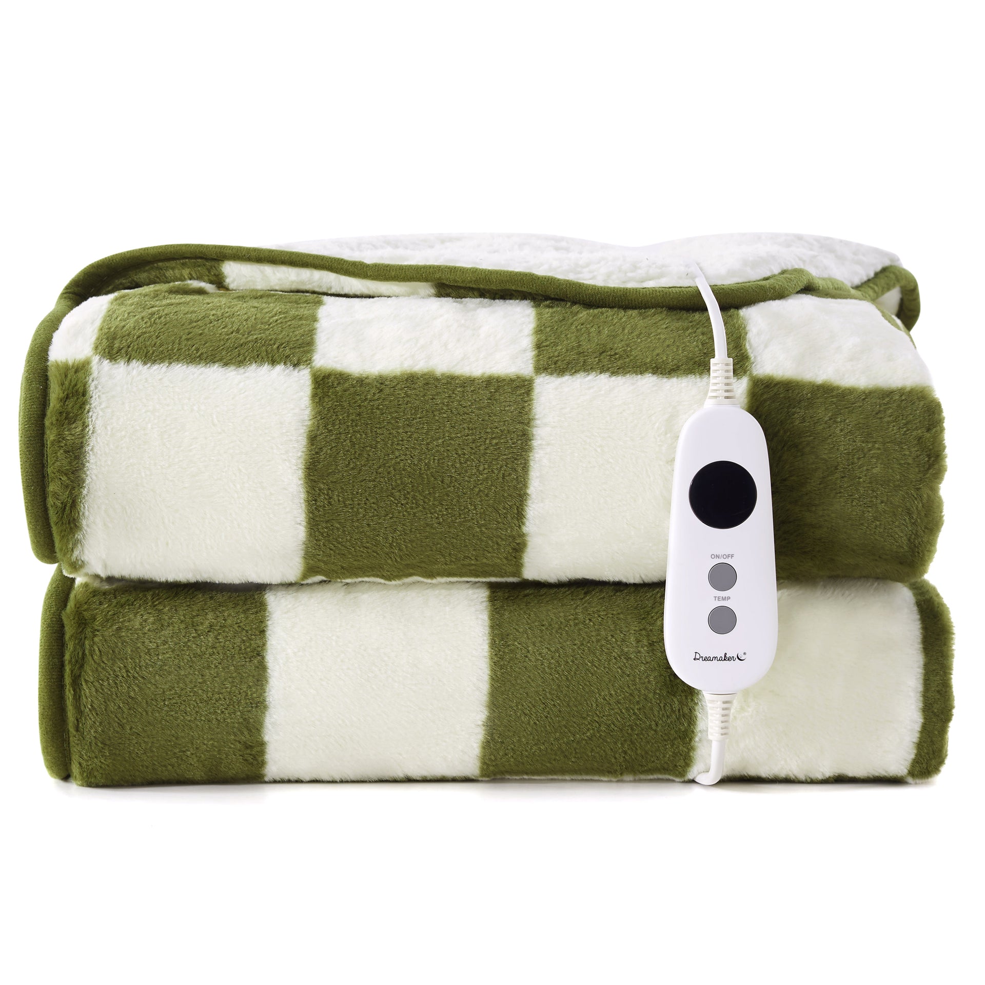 Dreamaker Axia Checkered Plush Heated Throw Olive & Cream 180X200Cm