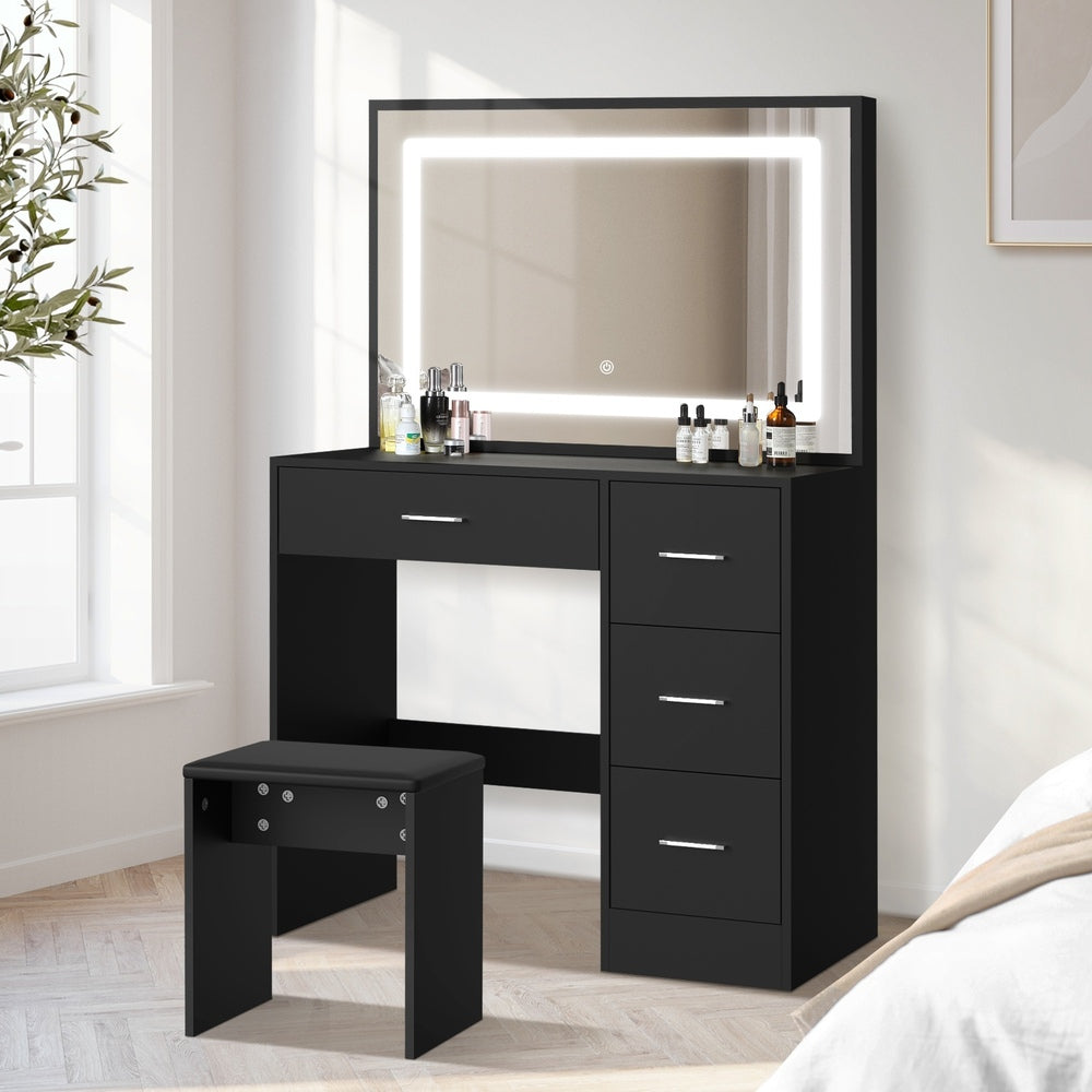 Dressing Table Stool Set Large Mirror LED Light Black Oikiture